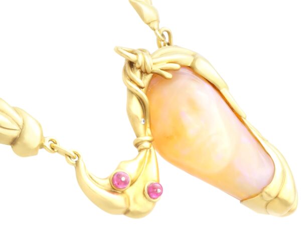 18k yellow gold carved opal and ruby necklace