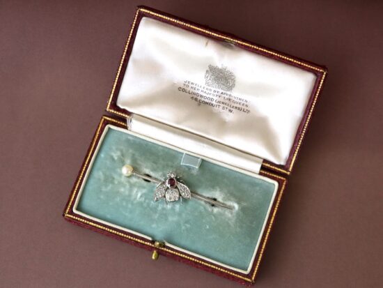 boxed Antique Diamond and Ruby Bug Brooch