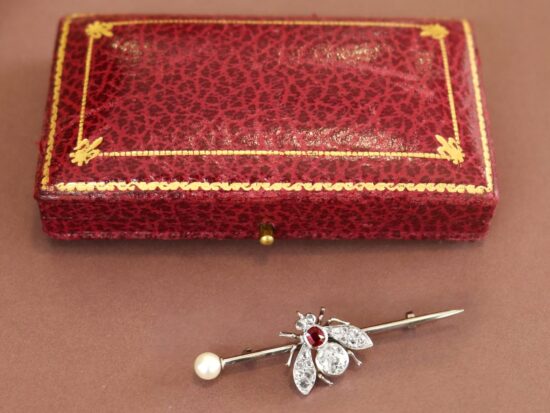 Antique Diamond and Ruby Bug Brooch with a box