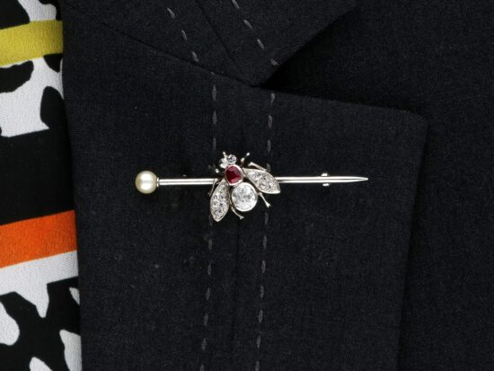 Antique Diamond and Ruby Bug Brooch wearing