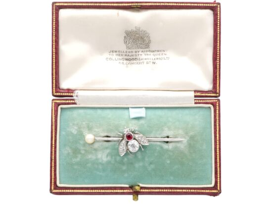boxed Antique Diamond and Ruby Bug Brooch