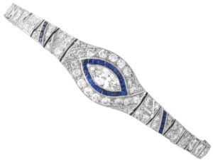 Antique Art Deco Sapphire and 7.58 Carat Diamond Bracelet in Platinum