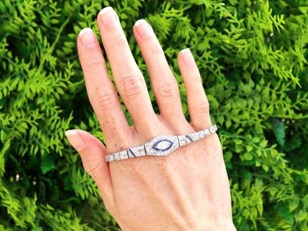 outside Art Deco Platinum Diamond Sapphire Bracelet
