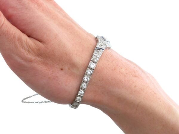 Art Deco Platinum Diamond Sapphire Bracelet on hand