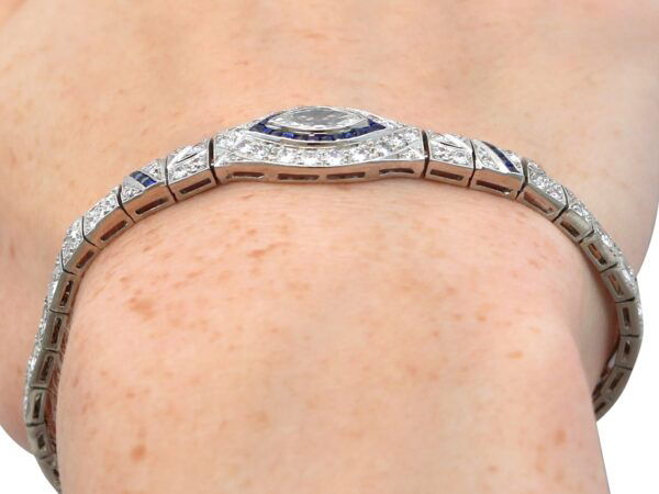 Art Deco Platinum Diamond Sapphire Bracelet on wrist