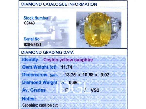 cushion cut yellow sapphire ring grading card