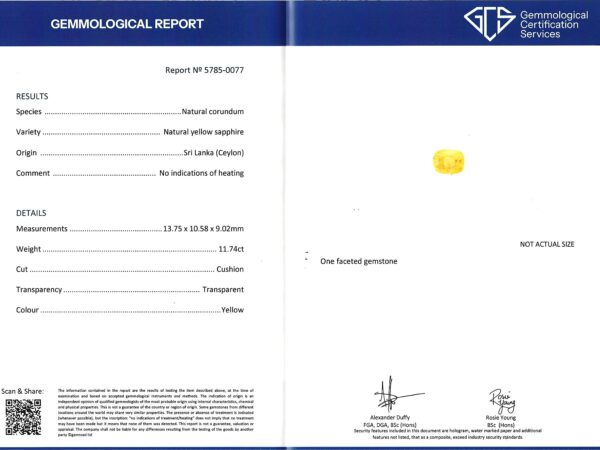 cushion cut yellow sapphire ring gcs certificate