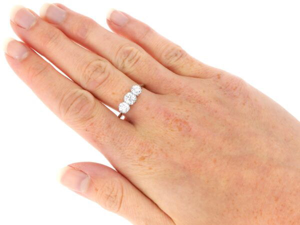 1920s three stone diamond ring platinum on hand