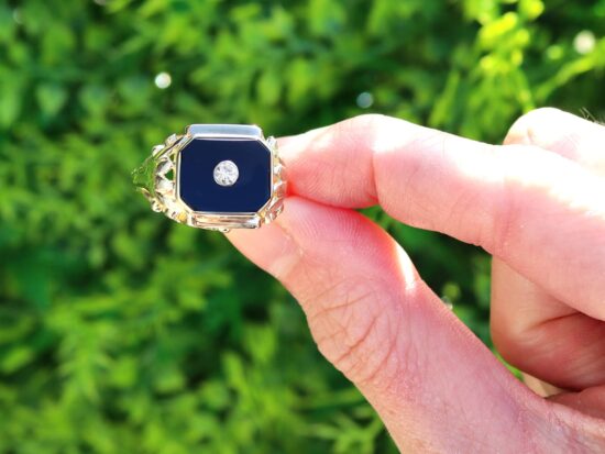 Vintage Diamond and Onyx Signet Ring in Gold outside