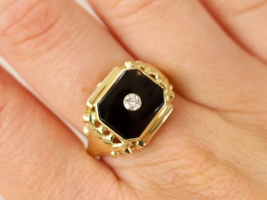 Vintage Diamond and Onyx Signet Ring in Gold wearing