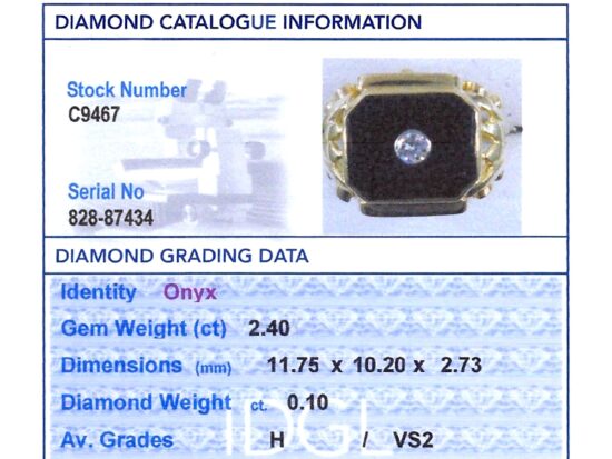 Vintage Diamond and Onyx Signet Ring in Gold grading card