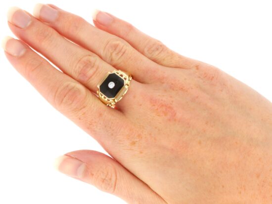 wearing Vintage Diamond and Onyx Signet Ring in Gold