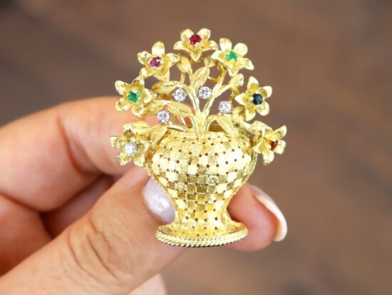 Yellow Gold Flower Vase Brooch