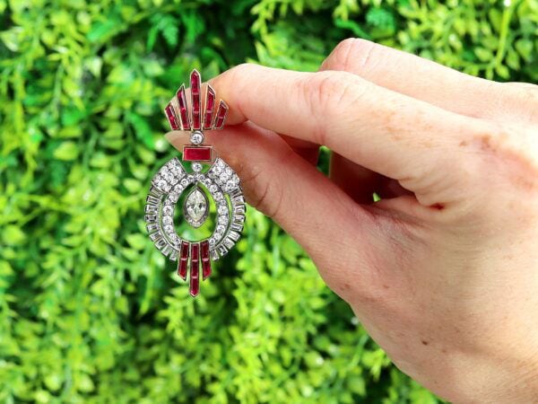 vintage Art Deco Ruby Diamond Earrings in hand