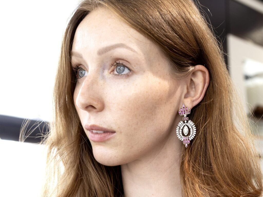 wearing vintage Art Deco Ruby Diamond Earrings