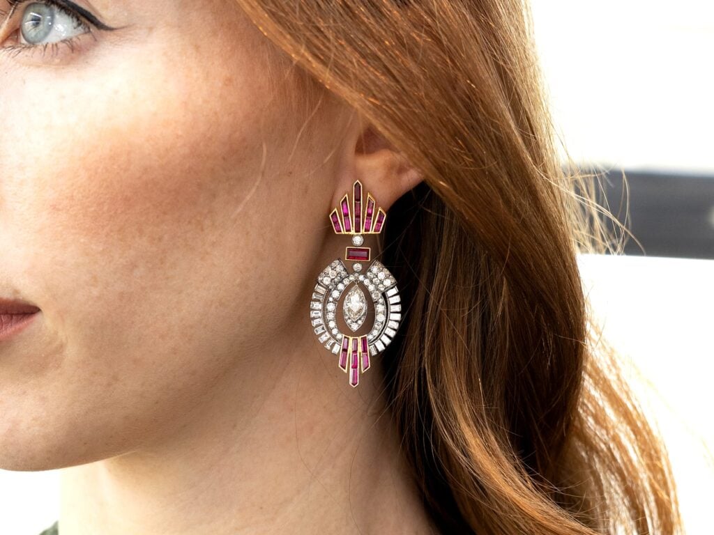 vintage Art Deco Ruby Diamond Earrings in ear