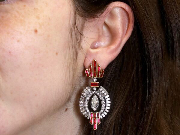 wearing 1940s ruby and diamond earrings