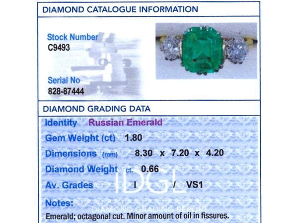 emerald trilogy engagement ring grading card