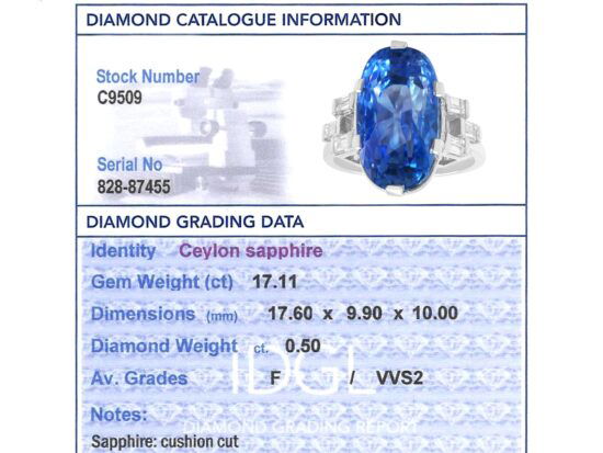 cushion cut Ceylon sapphire ring grading card