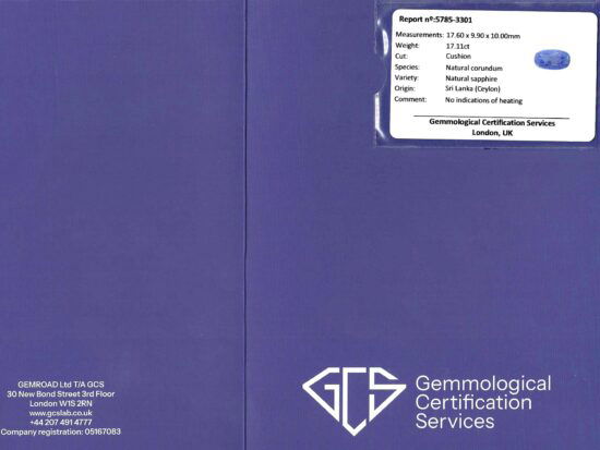 cushion cut Ceylon sapphire ring gcs certificate