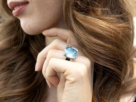 Aquamarine Ring with Onyx wearing