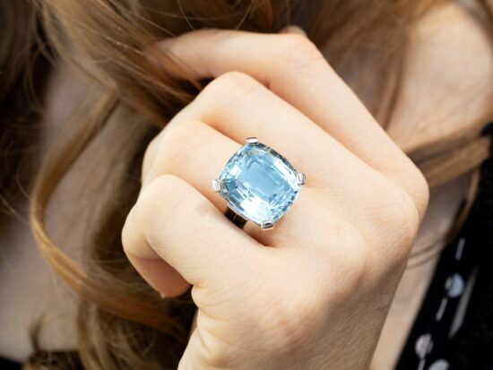 Aquamarine Ring with Onyx on hand