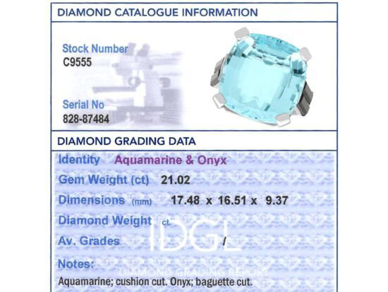 Aquamarine Ring with Onyx grading card