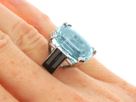 Aquamarine Ring with Onyx on hand