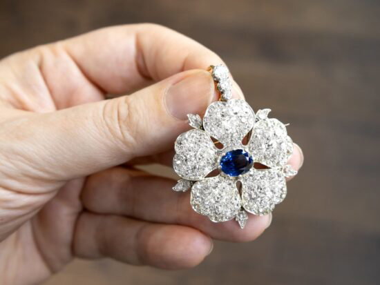 Late 19th Century Sapphire and Diamond Floral Brooch pendant