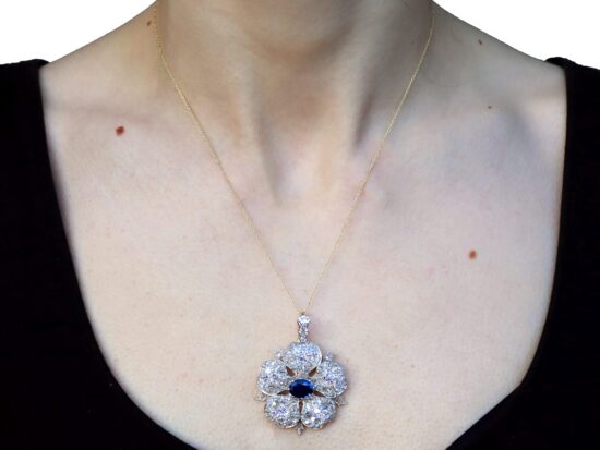Late 19th Century Sapphire and Diamond Floral pendant wearing