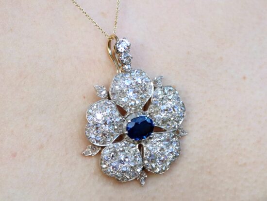 Late 19th Century Sapphire and Diamond Floral pendant wearing