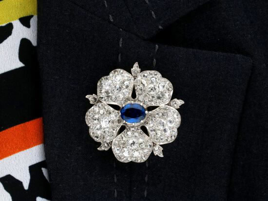 Late 19th Century Sapphire and Diamond Floral Brooch wearing