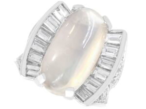 Platinum Moonstone and Baguette Diamond Ring
