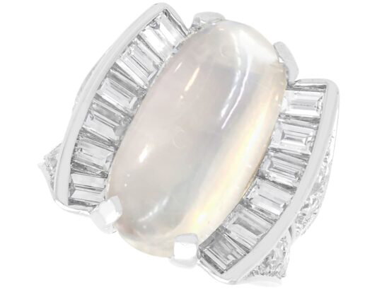 Platinum Moonstone and Baguette Diamond Ring
