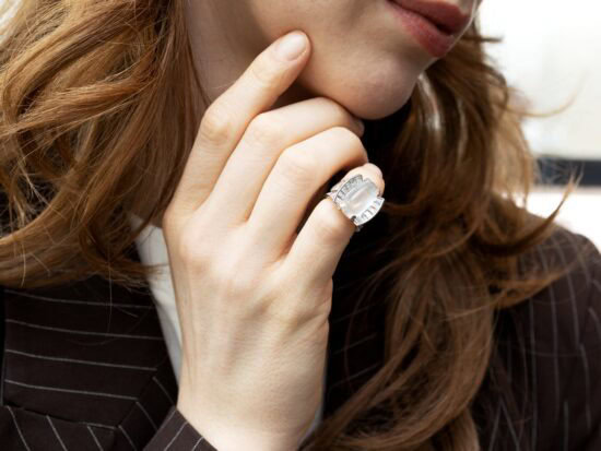 Platinum Moonstone and Baguette Diamond Ring wearing