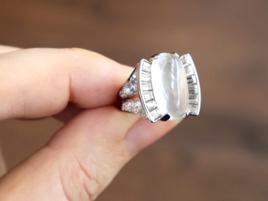 Platinum Moonstone and Baguette Diamond Ring