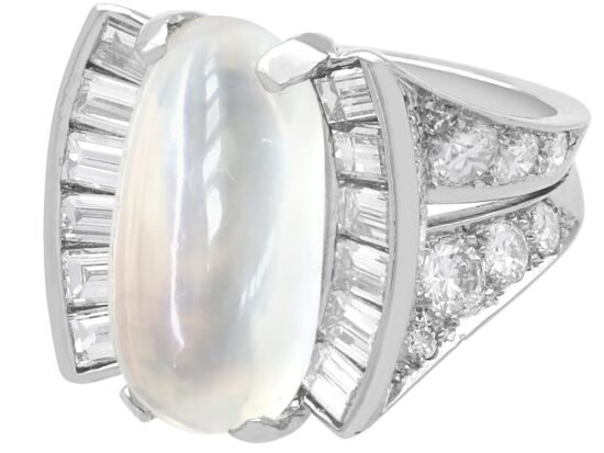 Platinum Moonstone and Baguette Diamond Ring