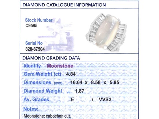Platinum Moonstone and Baguette Diamond Ring grading card