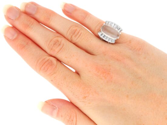 Platinum Moonstone and Baguette Diamond Ring wearing