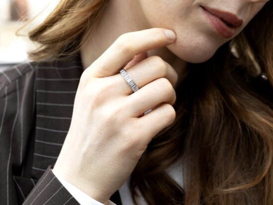 Baguette Diamond Full Eternity Ring in Platinum wearing