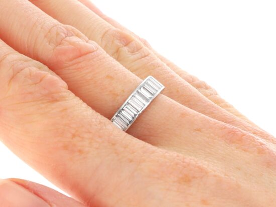 Baguette Diamond Full Eternity Ring in Platinum on finger