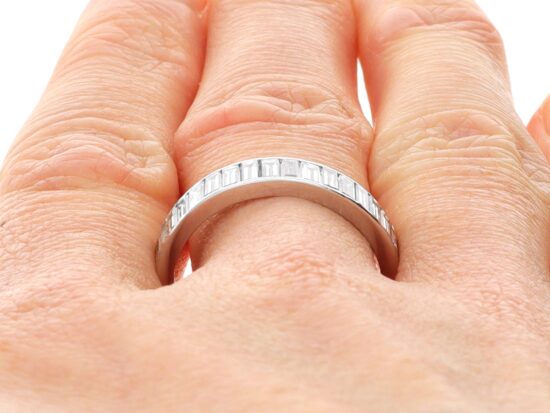 Baguette Diamond Full Eternity Ring in Platinum on finger
