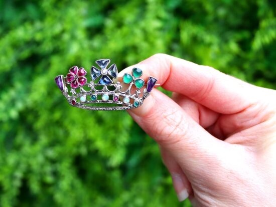 Multi-Gemstone White Gold Crown Brooch