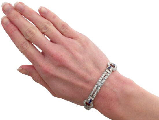 wearing Antique Diamond and Sapphire Bracelet in Platinum