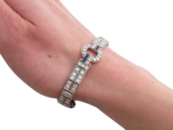 Antique Diamond and Sapphire Bracelet in Platinum wearing