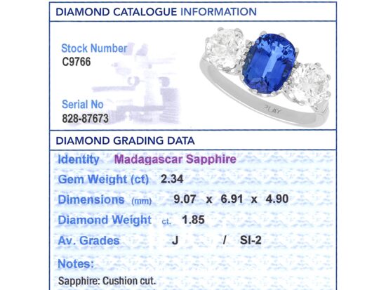 Cushion Cut Madagascar Sapphire Grading Card