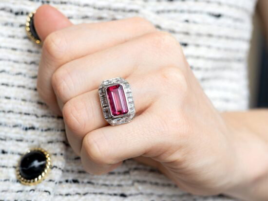 Wearing Pink Tourmaline and 1.75ct Diamond, Platinum Dress Ring