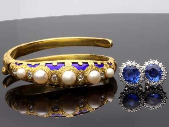 Blue Enamel Bangle and Sapphire Earrins