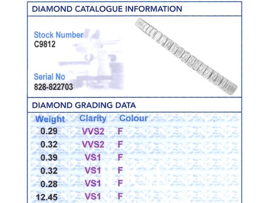 Luxury 14 carat Diamond Line Bracelet in Platinum grading card