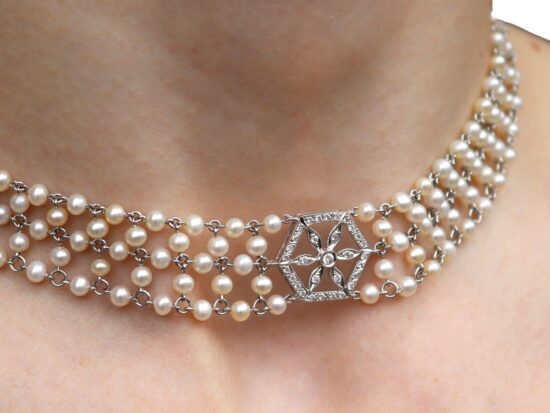 Diamond Pearl Choker Necklace On Neck